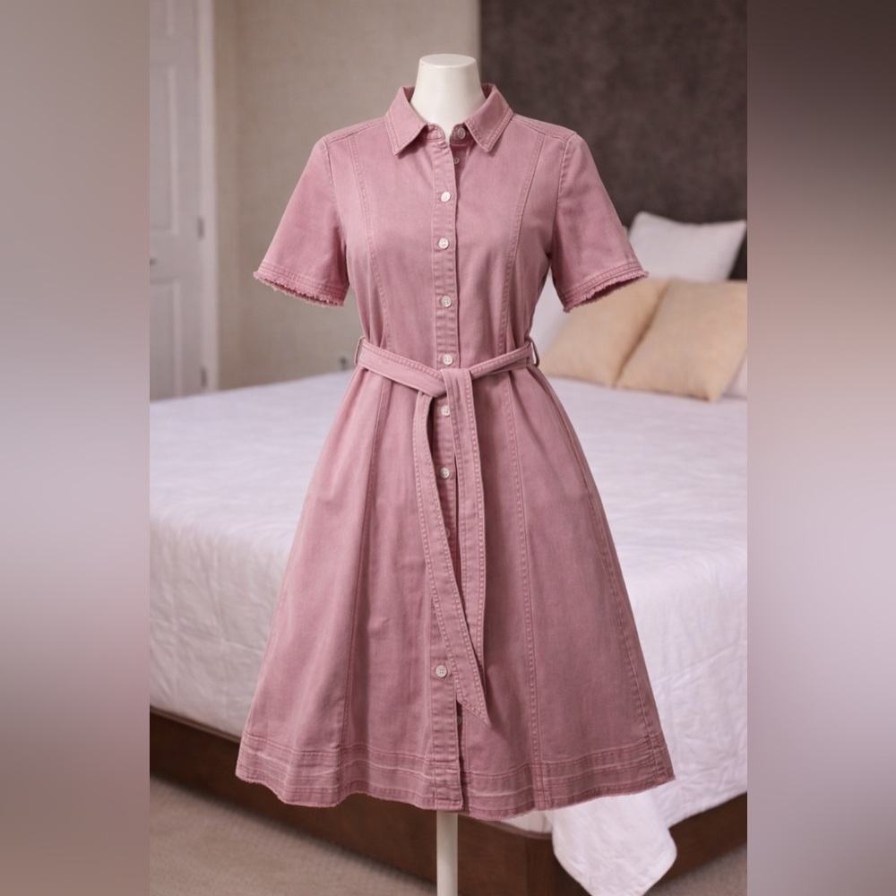 Marc Cain Dusty Rose Button-Front Midi Shirt Dress with Waist Tie